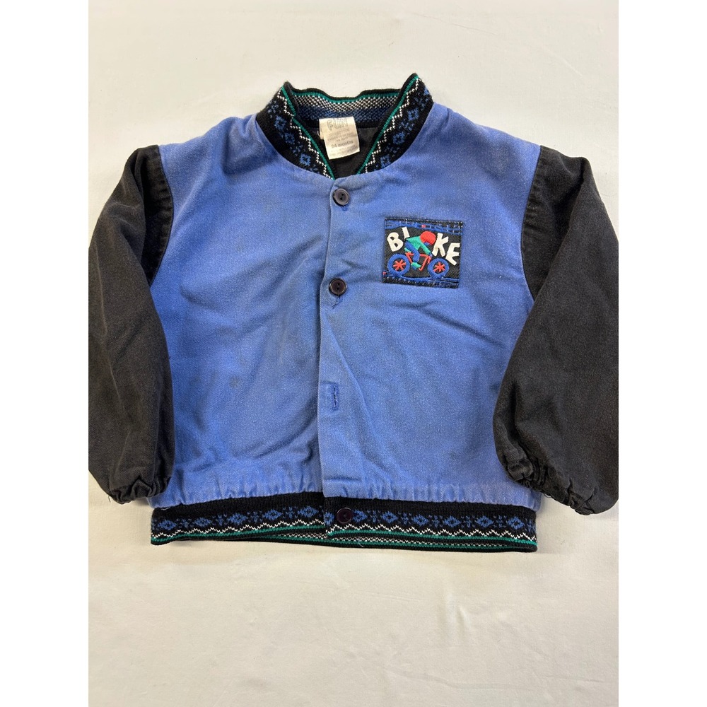 Kids N Fun Vintage Varsity Jacket 24 Months Blue Black Bicycle Patch Cotton